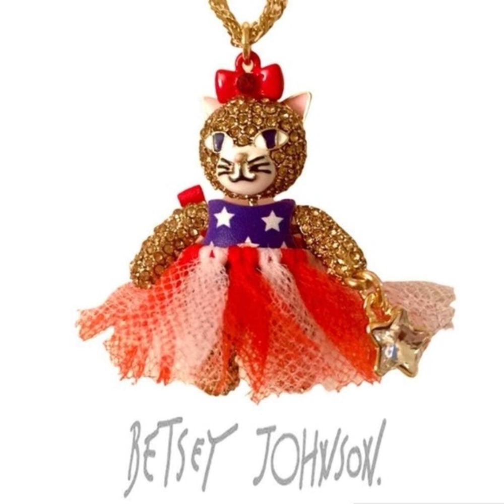 Betsey Johnson Gold‎ Tone Cat Charm Necklace Red White Blue Tutu Star New - Picture 2 of 10